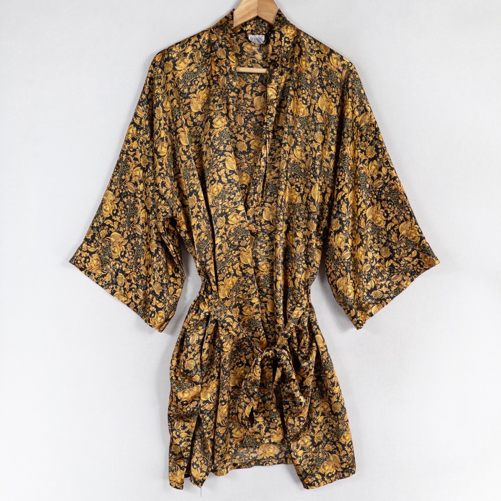 Vintage Sedu Robe Kimono One Size Black Gold Baroque Print Satin Pockets Luxe
